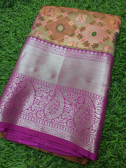 Peach KANCHI Pure silk  Handwoven Wedding Festival Heavy Border Saree